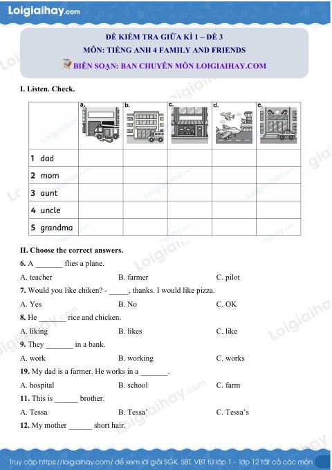 Đề thi giữa kì 1 Tiếng Anh 4 Family and Friends - Đề số 3